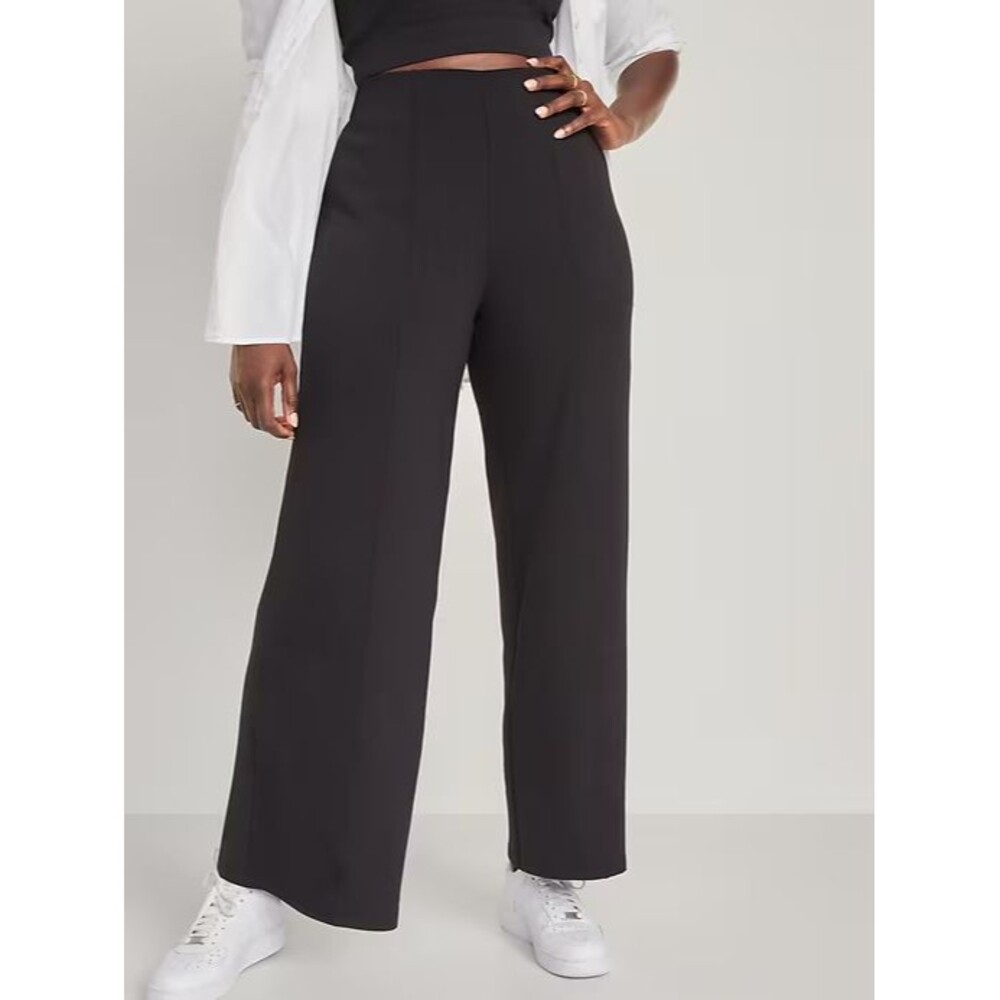 Old Navy PowerSoft Wide Leg Pants Womens L Black High Rise Pull On NEW
